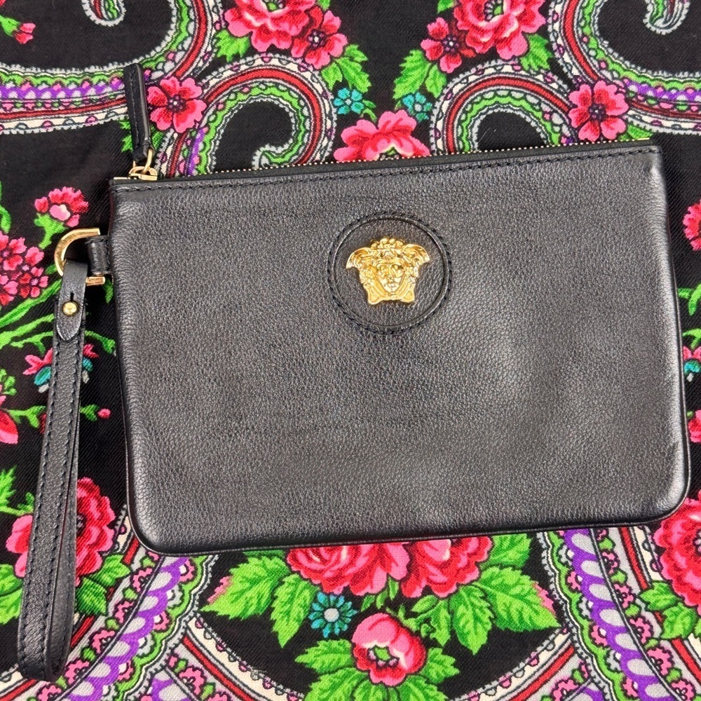 Versace Black Wristlet With Gold Medusa Emblem